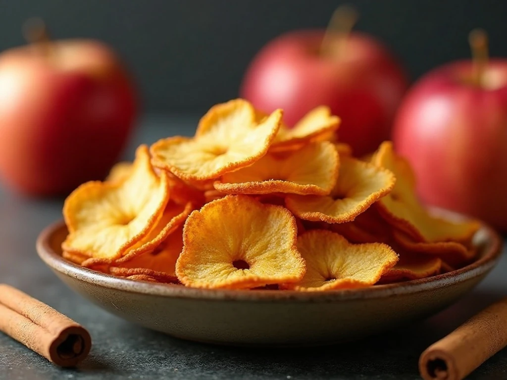 Crispy baked apple chips arranged on a plate