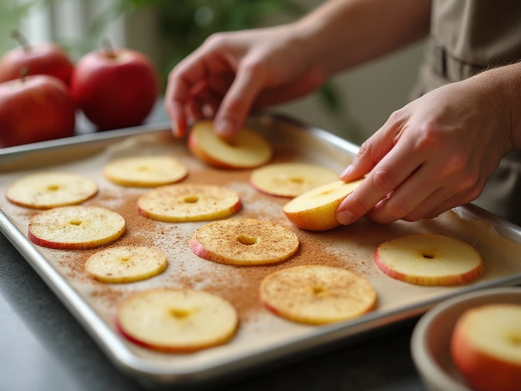 Thin apple slices arranged on a baking sheet before baking