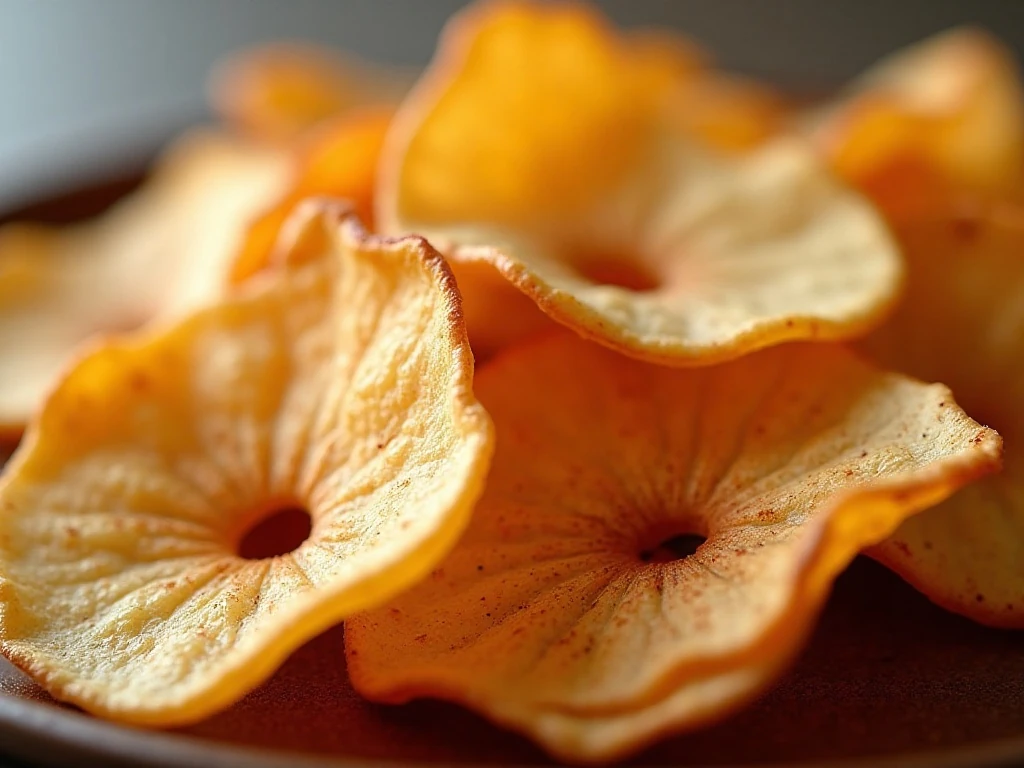 Close-up showing the crisp texture of cinnamon apple chips