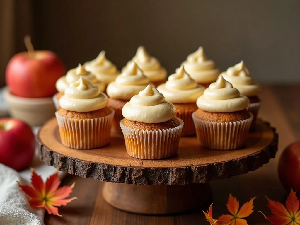 Apple cider cupcakes with cinnamon cream cheese frosting arranged for an autumn dessert