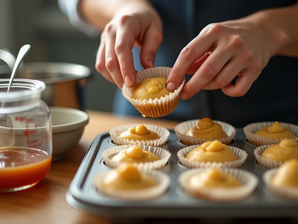 Preparing apple cider cupcake batter in a lined muffin pan