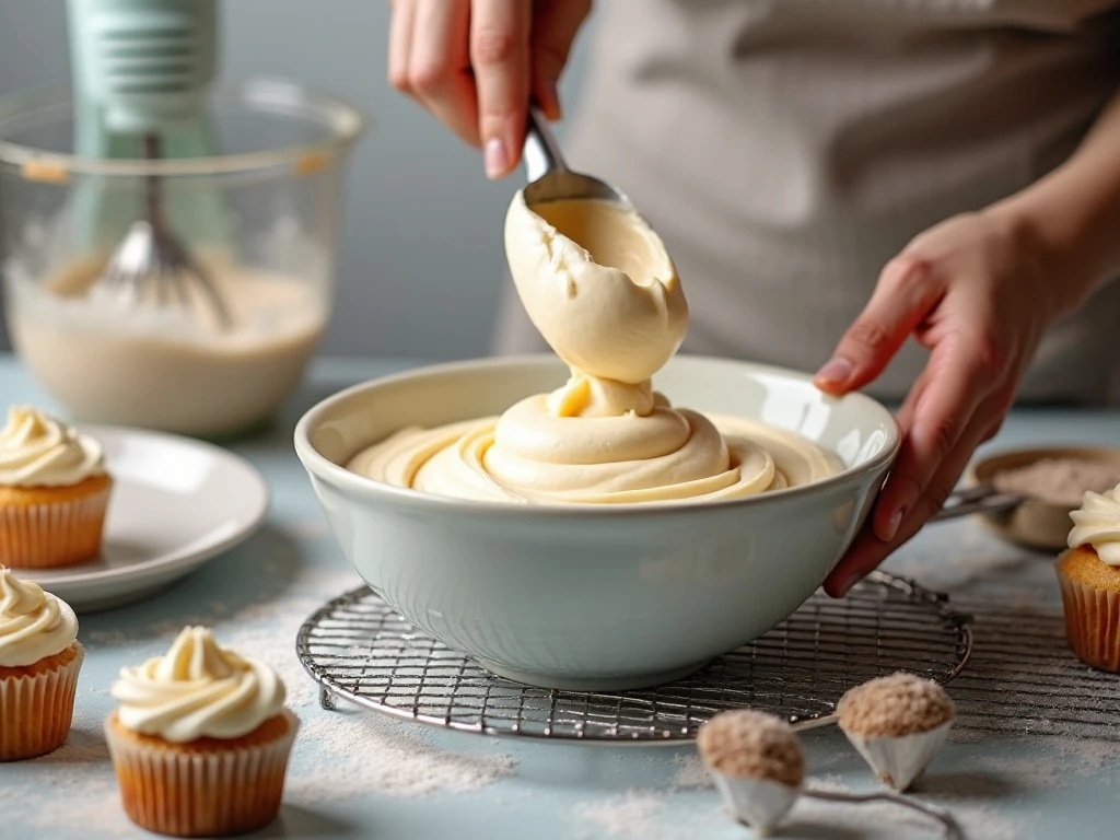 Smooth cinnamon cream cheese frosting prepared for cupcakes