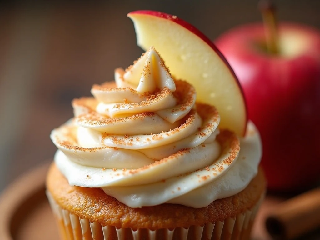 Close-up of an apple cider cupcake decorated with cinnamon sugar and apple