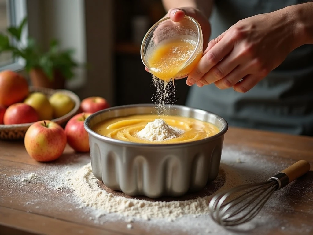 Preparing apple cider doughnut cake batter