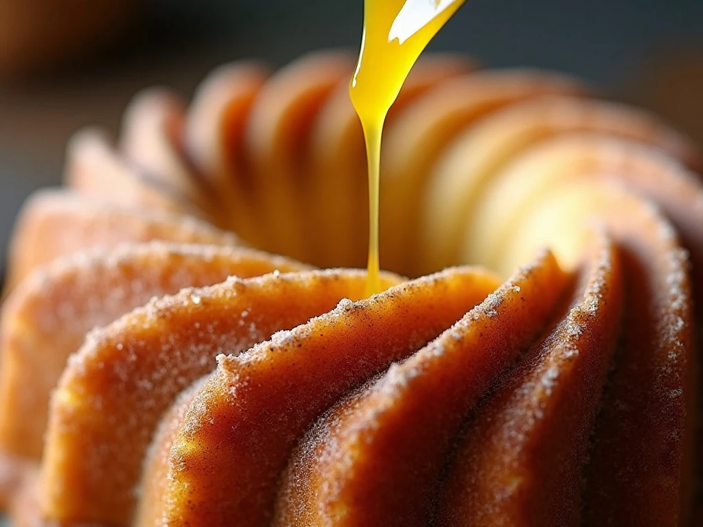 Brushing warm Bundt cake with butter before adding cinnamon sugar