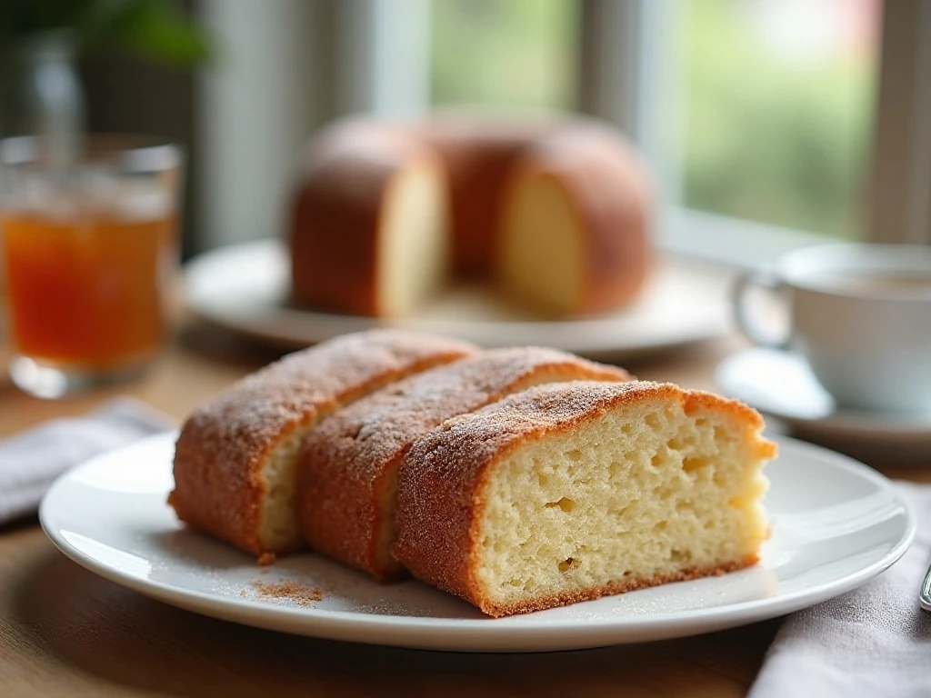 Slices of apple cider doughnut cake served with coffee