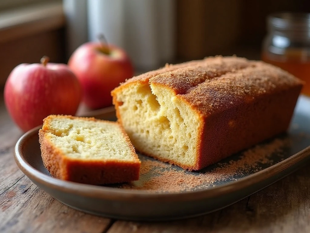 Sliced apple cider doughnut loaf cake with cinnamon sugar topping