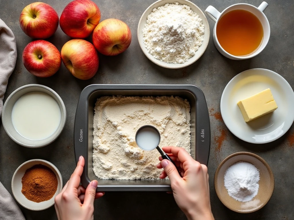 Ingredients for apple cider doughnut loaf cake arranged on a counter