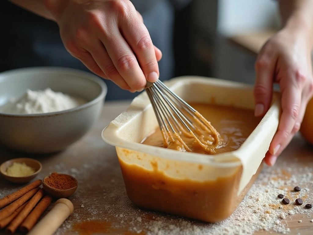 Whisking reduced apple cider into apple cider loaf cake batter