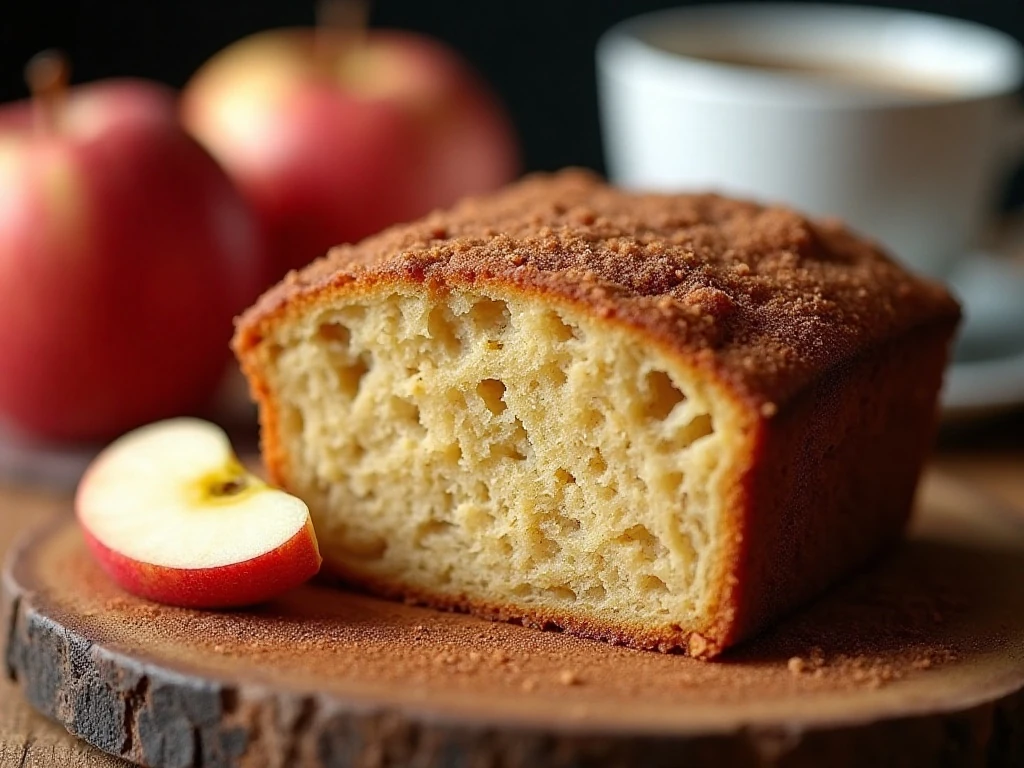 Close-up slice of cinnamon-sugar apple cider doughnut loaf cake