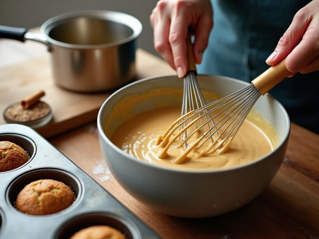 Preparing apple cider muffin batter step by step