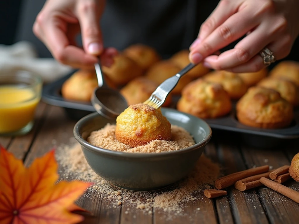 Coating warm apple cider muffins with butter and cinnamon sugar