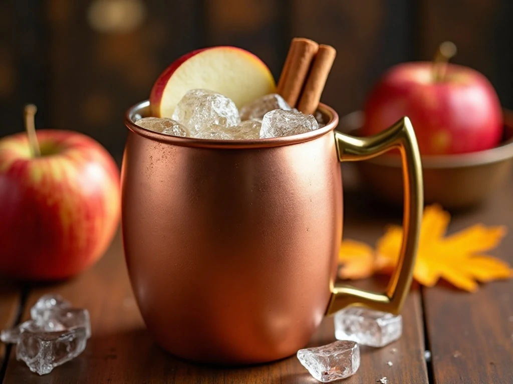 Apple cider Moscow Mule in a copper mug with apple and cinnamon garnish