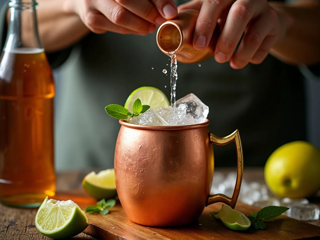 Mixing vodka apple cider and lime over ice for a Moscow Mule