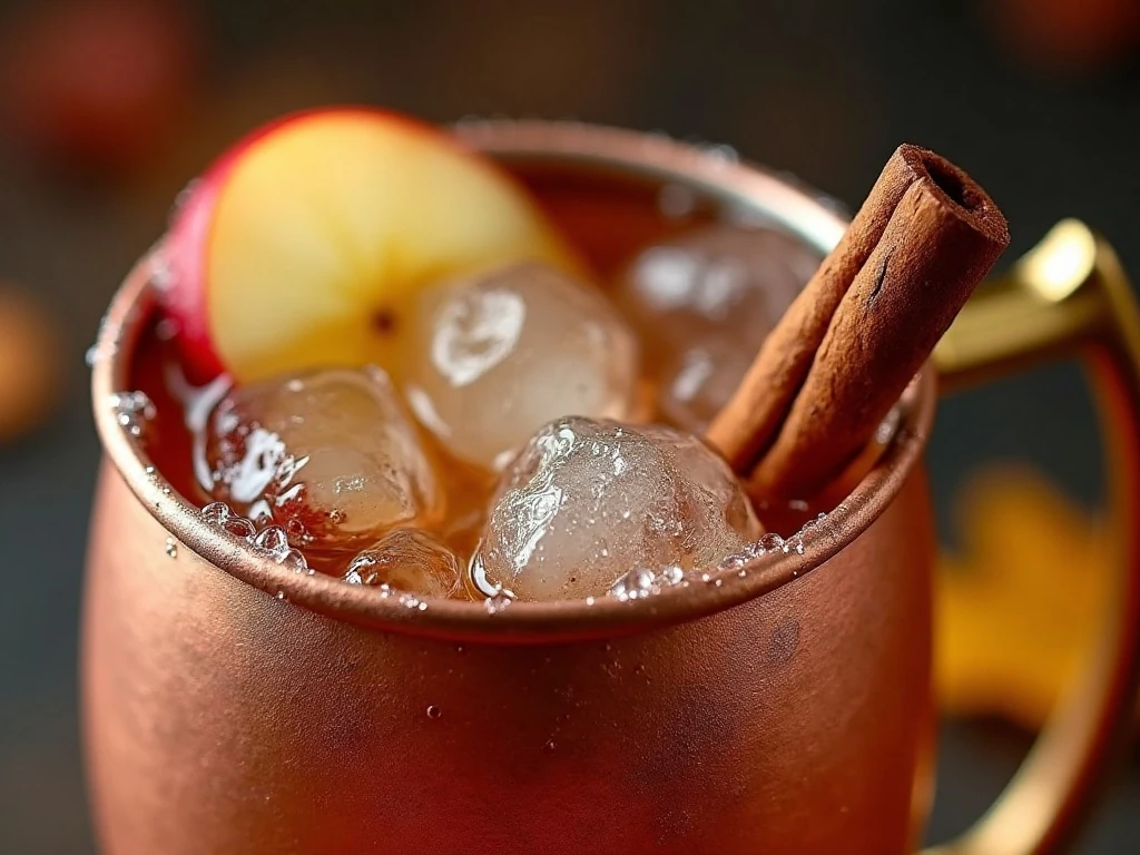 Close-up of apple and cinnamon garnish on a fall Moscow Mule