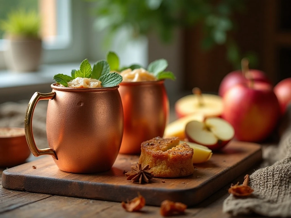 Apple cider Moscow Mules served with fall appetizers and dessert