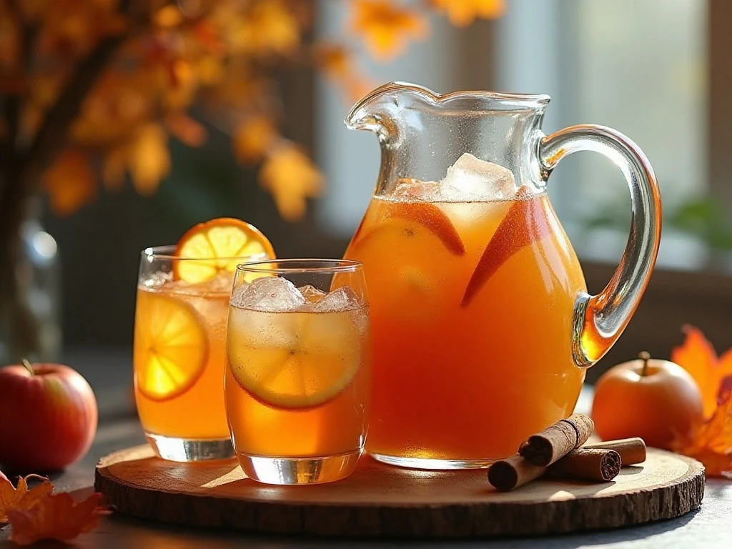 Pitcher and glasses of apple cider sangria with fresh fruit and cinnamon