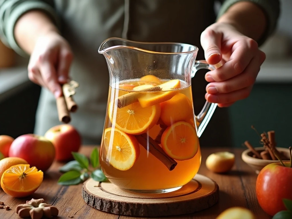 Apple cider sangria ingredients being combined in a pitcher