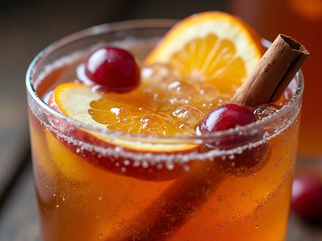 Close-up of sparkling apple cider sangria garnished with fruit and cinnamon