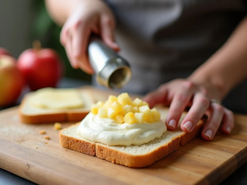 Preparing bread slices with cream cheese and chopped apple