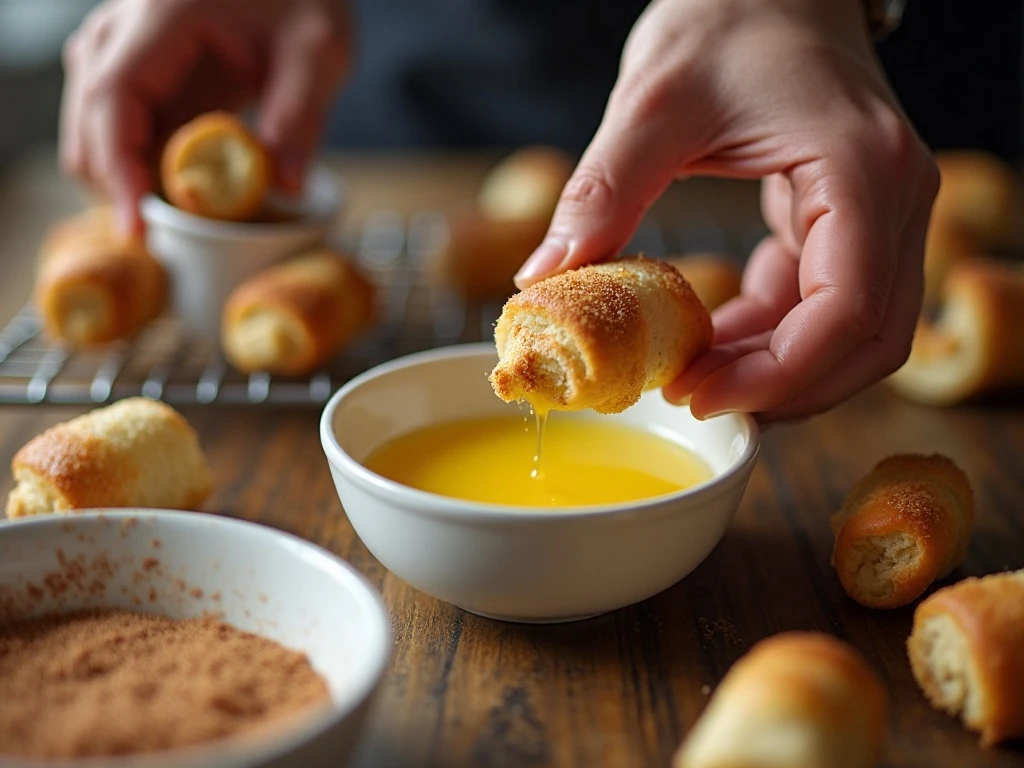 Coating apple cream cheese roll-ups in cinnamon sugar