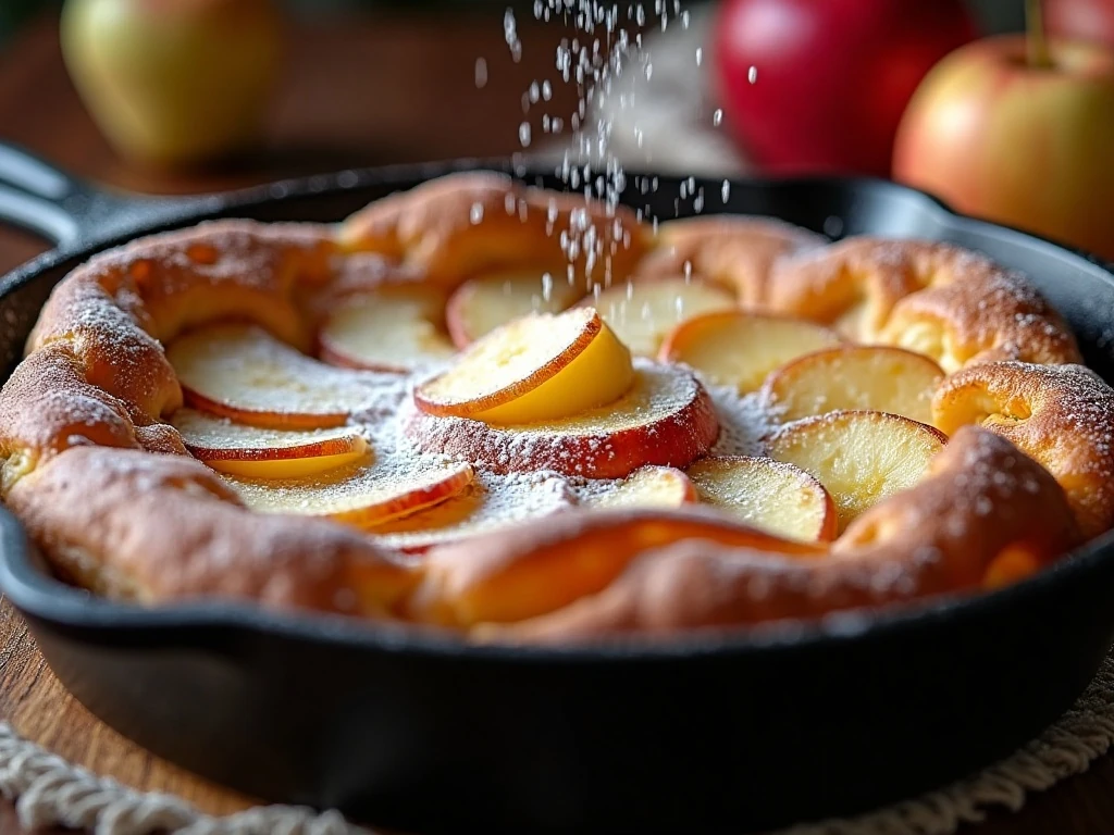 Puffed apple cinnamon Dutch baby pancake in a cast-iron skillet