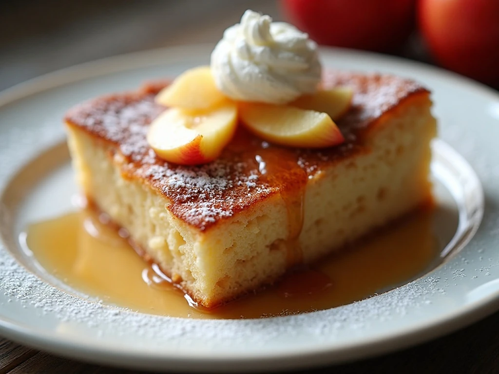 Slice of apple cinnamon Dutch baby with powdered sugar and maple syrup