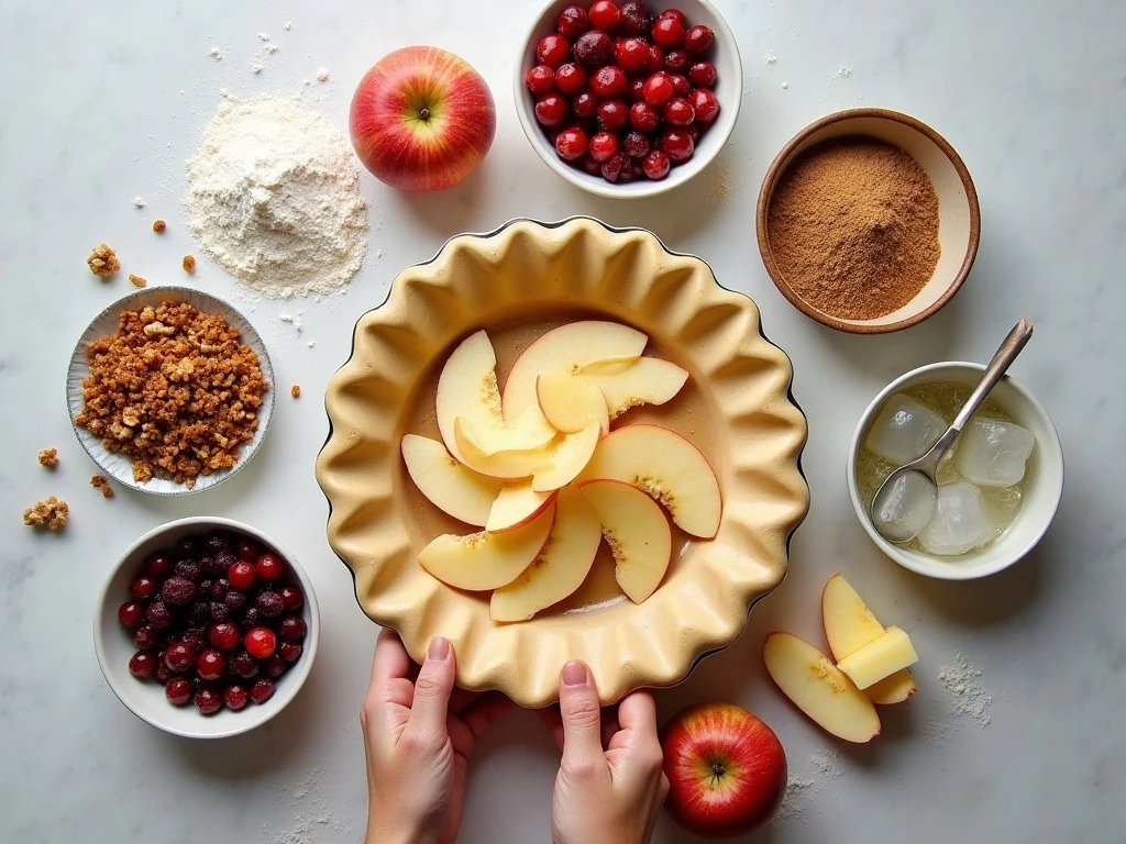 Ingredients for apple cranberry and currant crumb pie