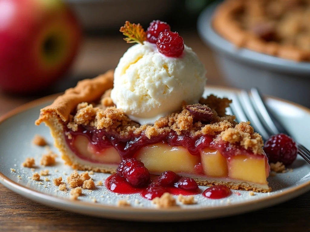 Slice of apple cranberry crumb pie served with vanilla ice cream