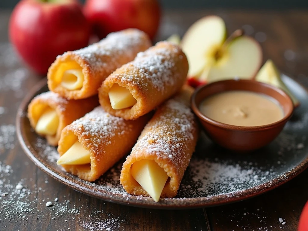 Crispy apple cream cheese egg rolls served with powdered sugar and caramel sauce
