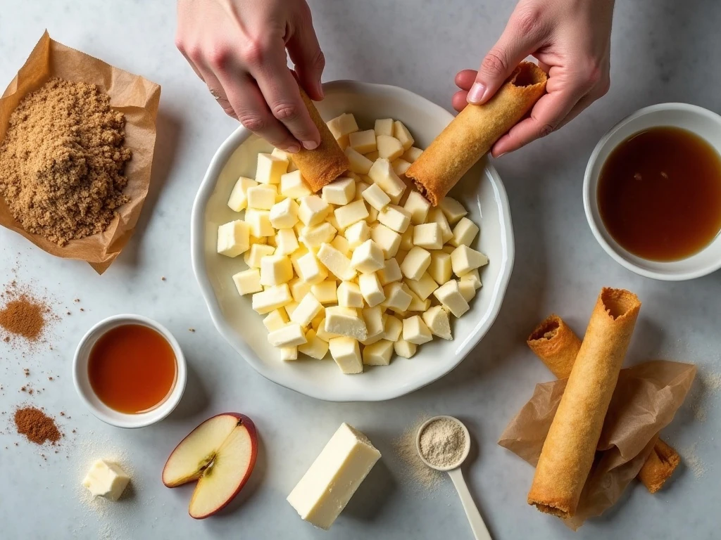 Ingredients for apple cream cheese egg rolls arranged for cooking