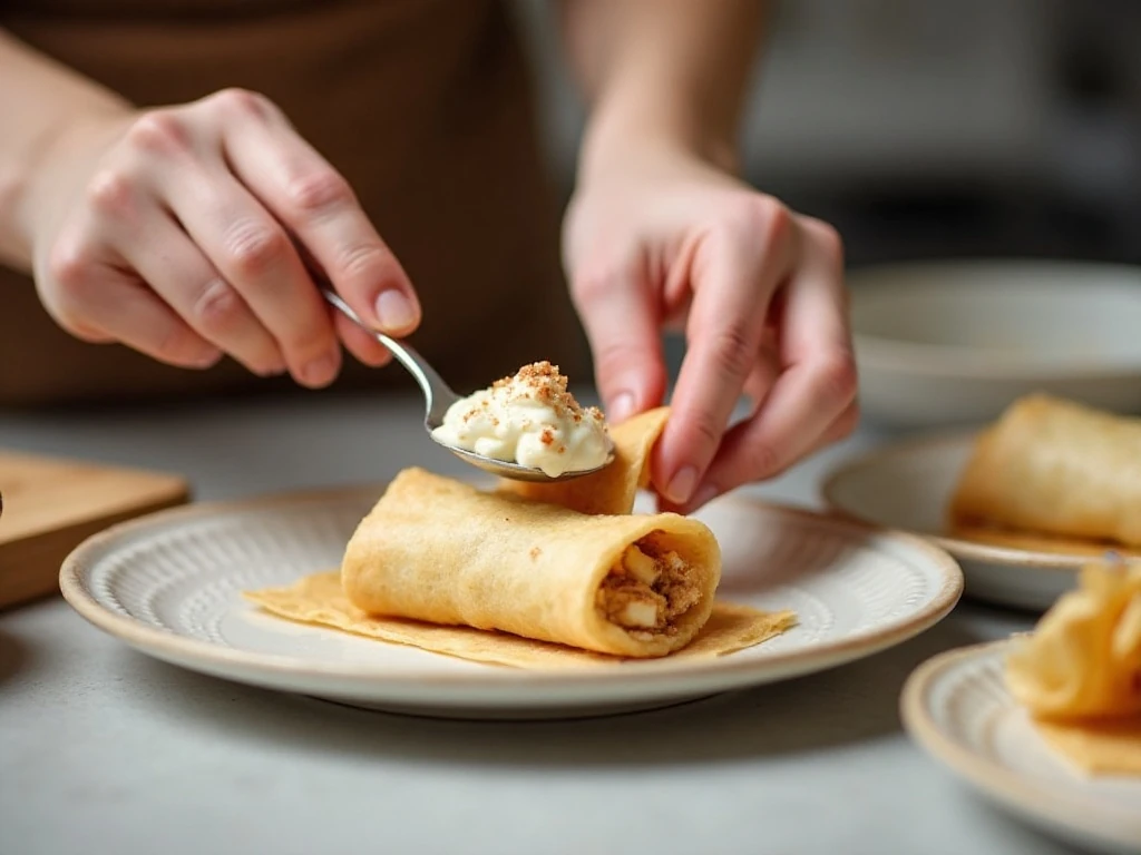 Folding an egg-roll wrapper around apple and cream cheese filling