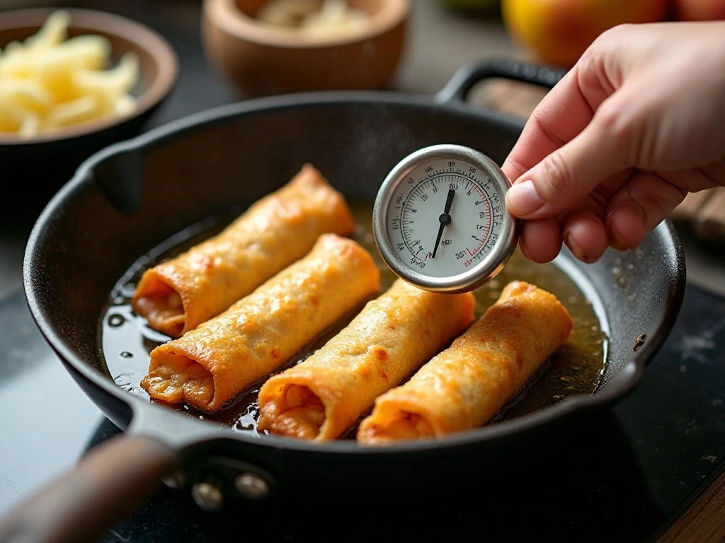 Apple cream cheese egg rolls frying until golden and crisp