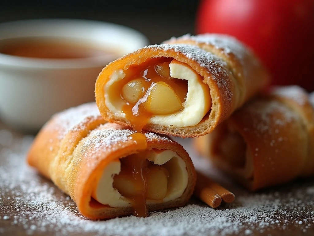 Cut apple cream cheese egg roll showing creamy apple pie filling