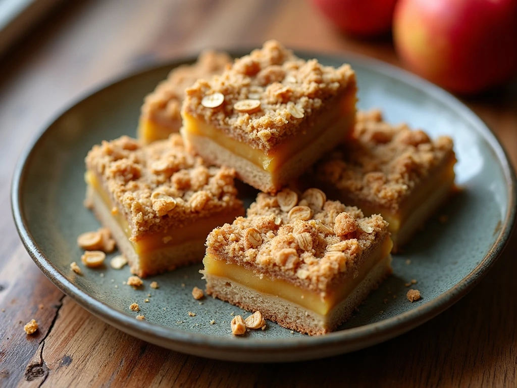 Golden homemade apple crisp bars arranged on a platter