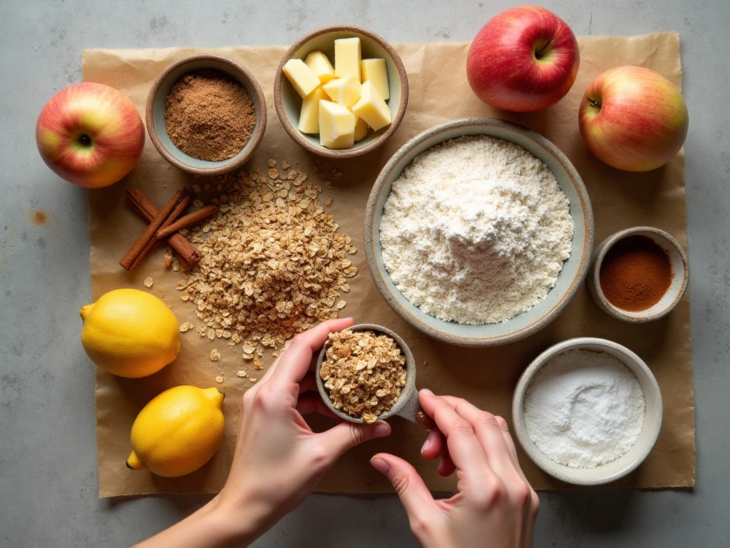 Ingredients for apple crisp bars including apples oats cinnamon and butter