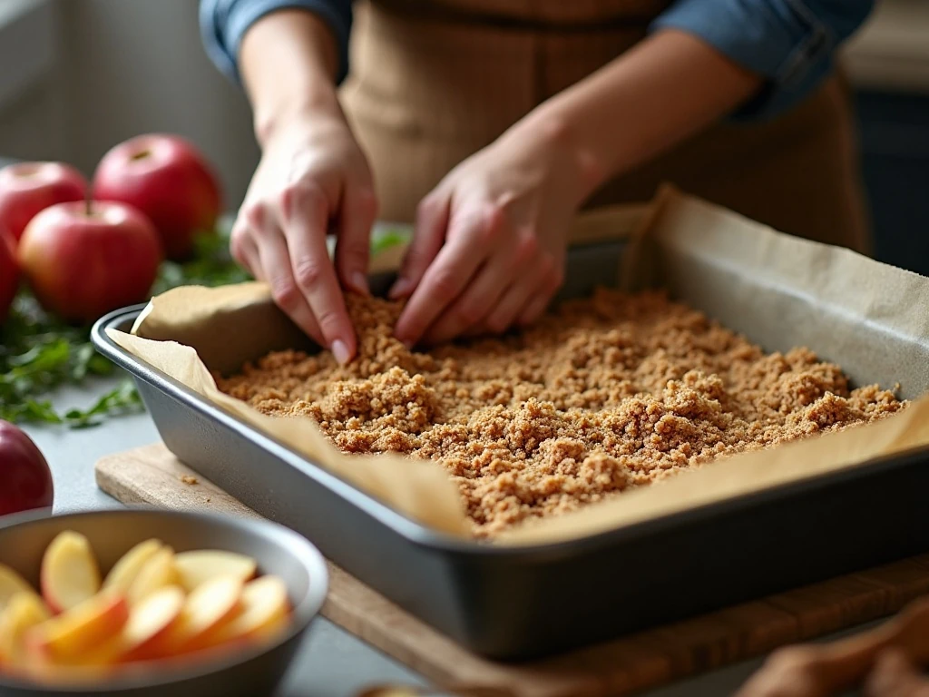 Pressing oat crust into a pan for apple crisp bars