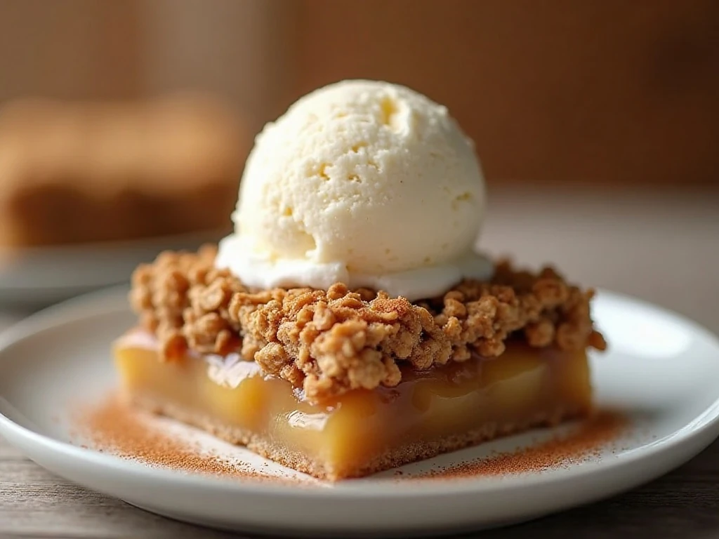 Apple crisp bar served with vanilla ice cream and cinnamon