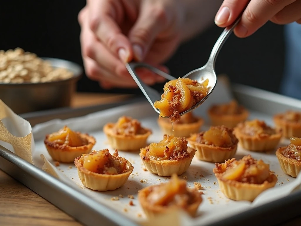 Filling mini phyllo shells with cooked apples