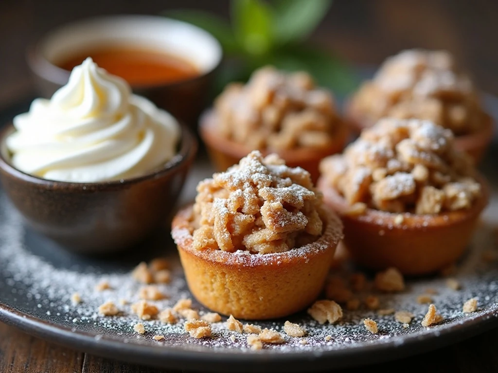 Apple crisp bites served with caramel sauce and powdered sugar