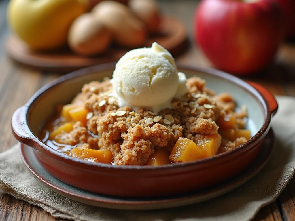 Warm homemade apple crisp with golden oat topping and vanilla ice cream