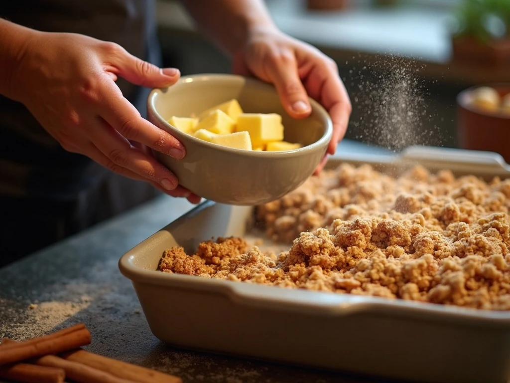 Preparing the crumbly oat topping for apple crisp