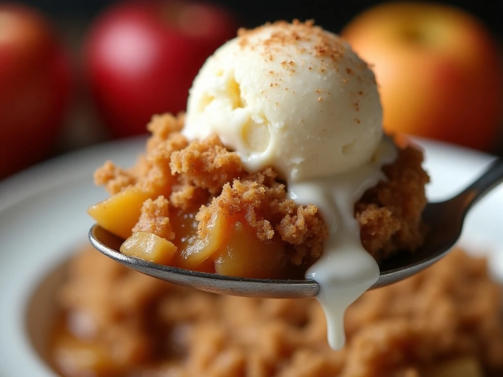 Apple crisp served warm with melting vanilla ice cream