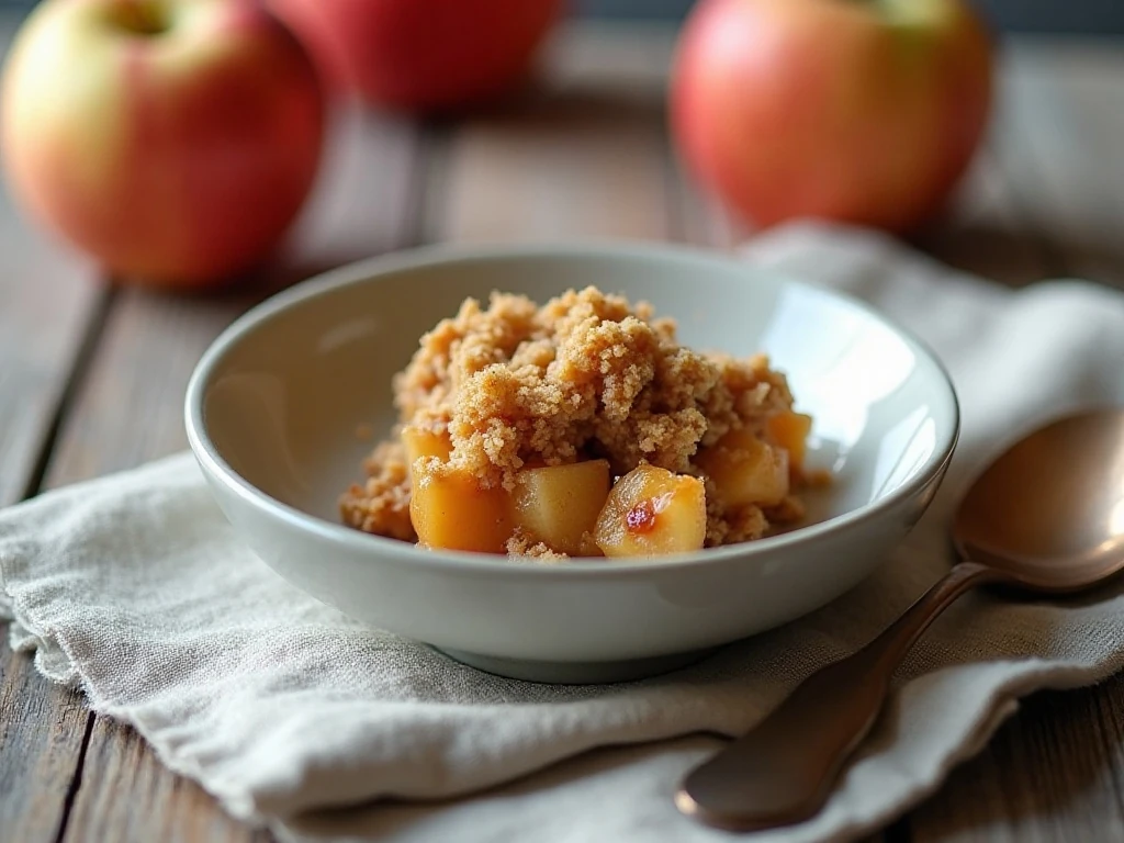 A warm leftover serving of homemade apple crisp