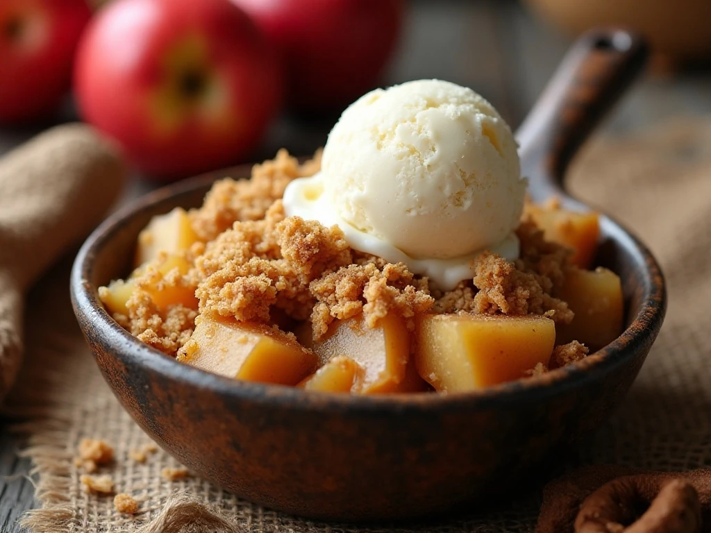 Warm apple crumble with vanilla ice cream and golden oat topping