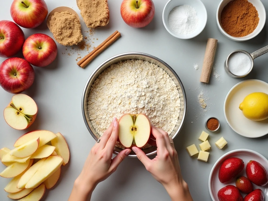 Ingredients for homemade apple crumble arranged on a counter