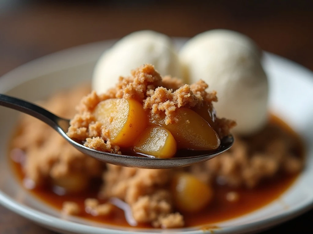 Close-up of apple crumble topped with melting vanilla ice cream