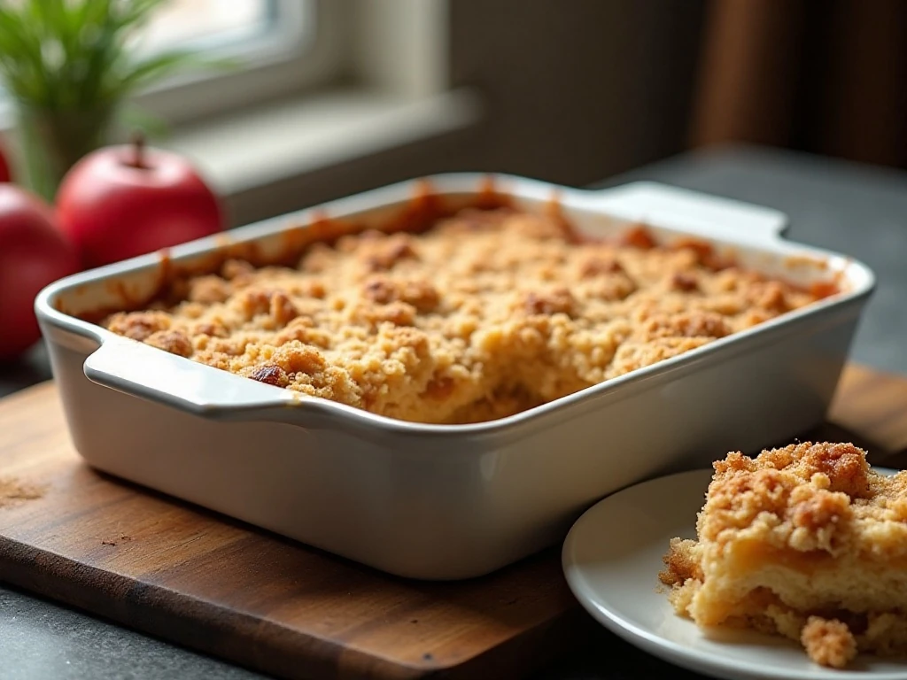 Freshly reheated apple crumble with crisp topping