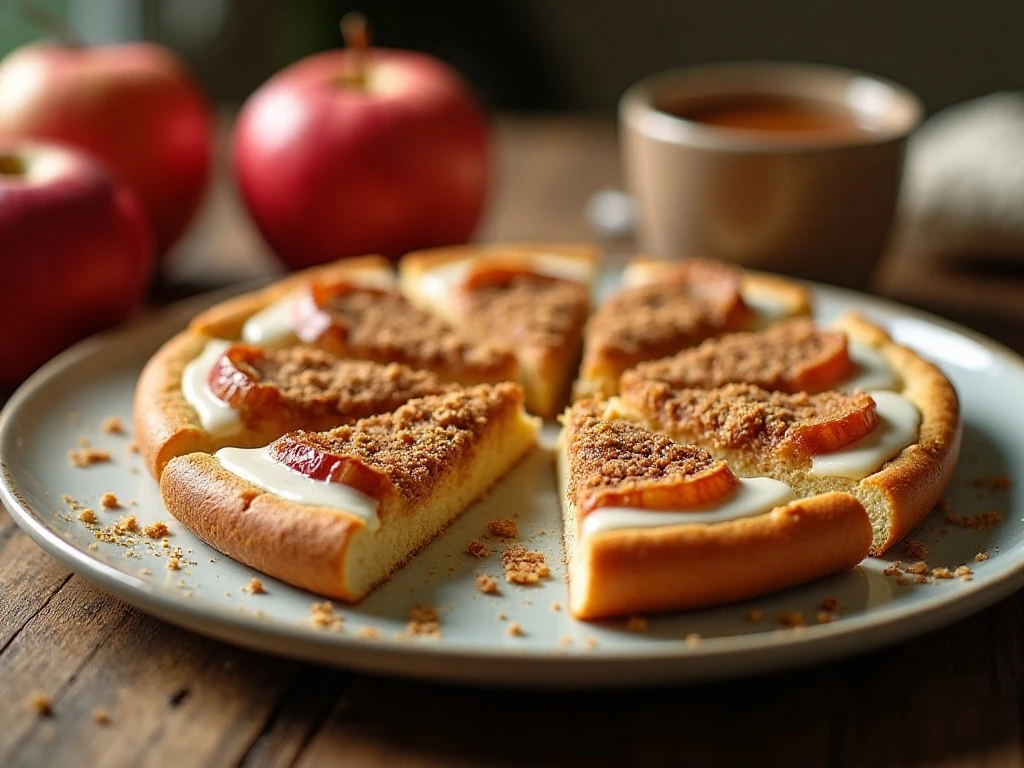 Sliced apple dessert pizza with cinnamon crumb topping and vanilla glaze