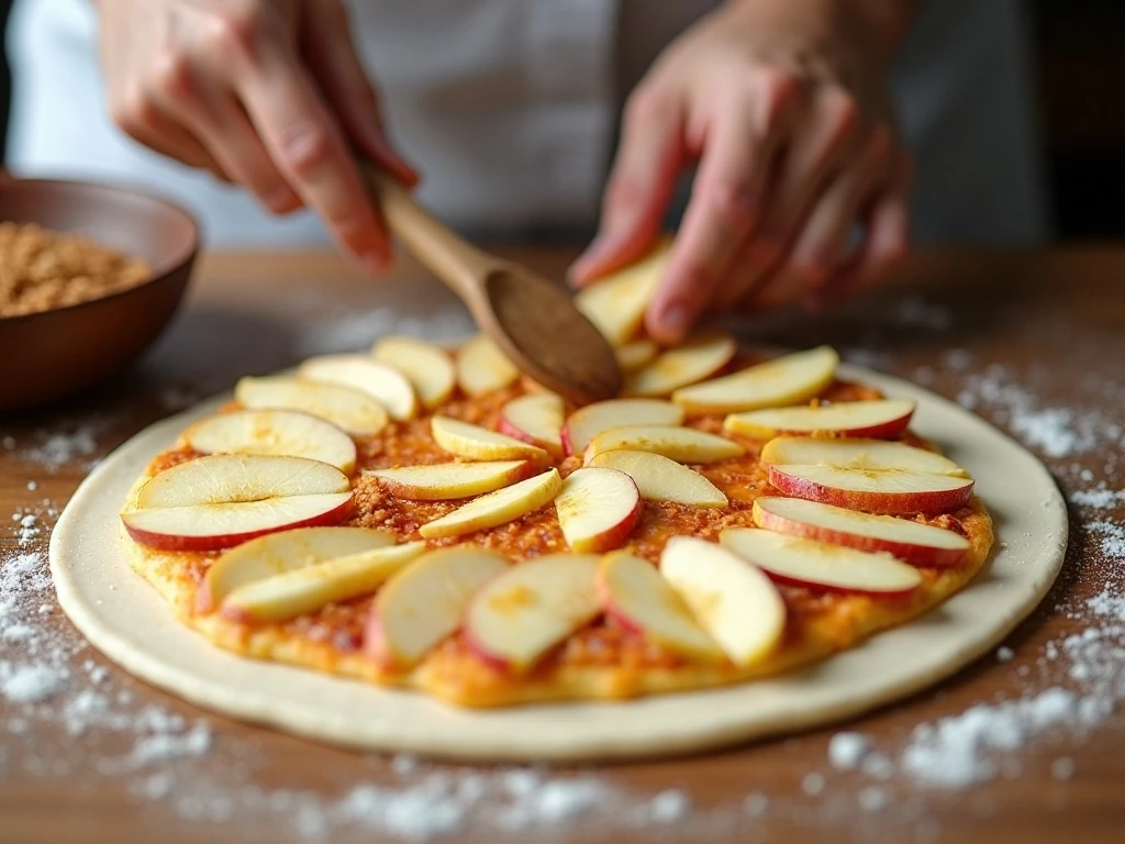 Arranging cinnamon apples over pizza dough for dessert pizza